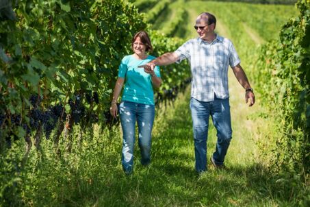 Winzer und Frau spazieren im Weingarten