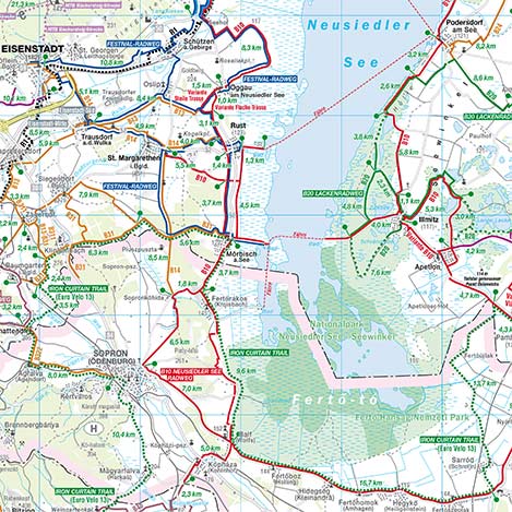 Fahrradkarte B10 Neusiedler See Radweg mit Mörbisch im Mittelpunkt